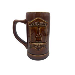 Barnabys Good Food & Drink Embossed Ceramic Stein Hall USA Brown Glaze Vintage